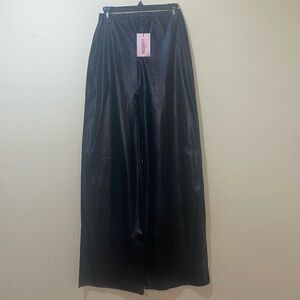 Womens New Missguided Tall Wide Leg Faux Leather Trousers Black Stretchy Waist B